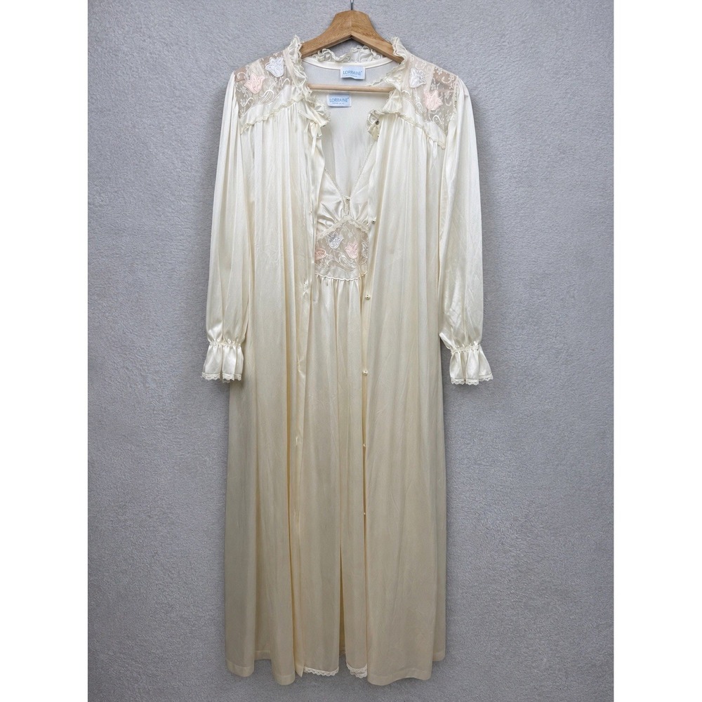 Vintage Bodice Peignoir Set Robe Nightgown Ivory Floral Embroidered Lace Trim